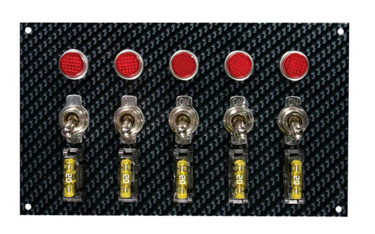 Switch Panel - Dash Mount - 6.75 x 4 in - 5 Toggles - Fused - Indicator Lights - Carbon Fiber Look - Kit