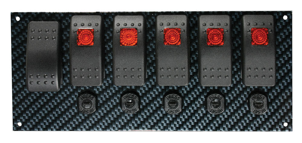 Switch Panel - Dash Mount - 3.438 x 8 in - 5 Rockers / 1 Momentary Rocker - Circuit Breaker - Indicator Lights - Carbon Fiber Look - Kit