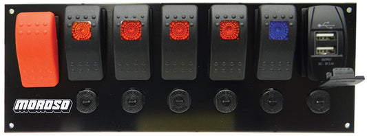 Switch Panel - Dash Mount - 9.125 x 3.375 in - 5 Rockers / 1 Momentary Rocker / 1 Dual USB Port - 20 amps Breakers - Indicator Lights - Kit