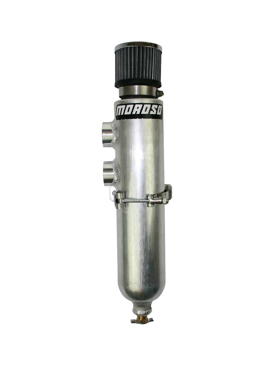 Breather Tank - Bolt-On - 3 in Diameter x 17.5 in Tall - 1.5 qt - Dual 16 AN Female Inlet - Breather Included - Petcock Drain - Aluminum - Natural - Each