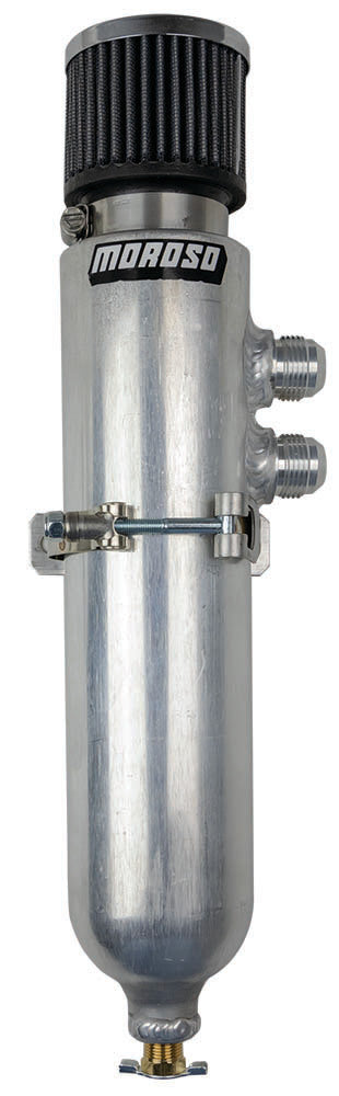 Breather Tank - Bolt-On - 3 in Diameter x 17.5 in Tall - 2.5 qt - Two 12 AN Male Inlet - Petcock Drain - T-Bolt Mounting Clamp - Breather Included - Aluminum - Natural - Each