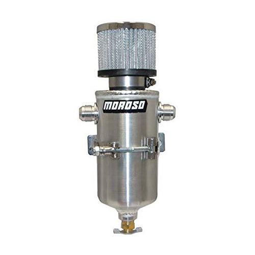 Breather Tank - Bolt-On - 3.125 in Diameter x 11.5 in Tall - 1 qt - Two 10 AN Male Inlets - Petcock Drain - T-Bolt Mounting Clamp - Breather Included - Aluminum - Natural - Each