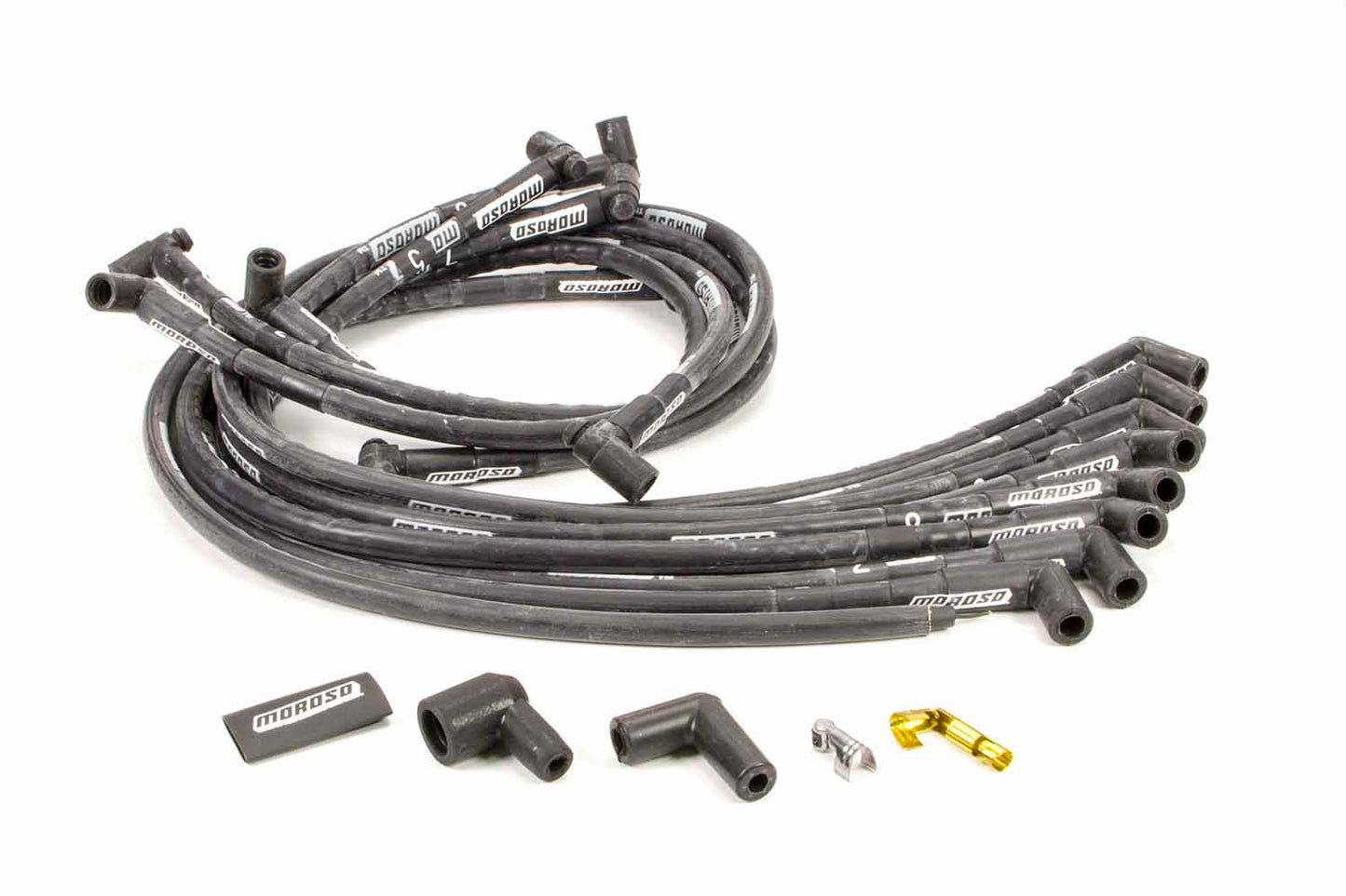 Spark Plug Wire Set - Mag Tune - Spiral Core - 8 mm - Black - 90 Degree Plug Boots - HEI Style Terminal - Under Headers - Small Block Chevy - Kit