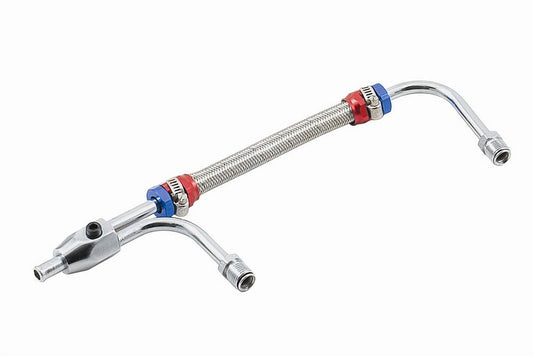 Carburetor Fuel Line - 3/8 in Hose Barb Inlet - 5/8-18 in Dual Outlets - Adjustable - Braided Stainless - Chrome / Blue / Red - Holley 4150 / 4160 - Kit