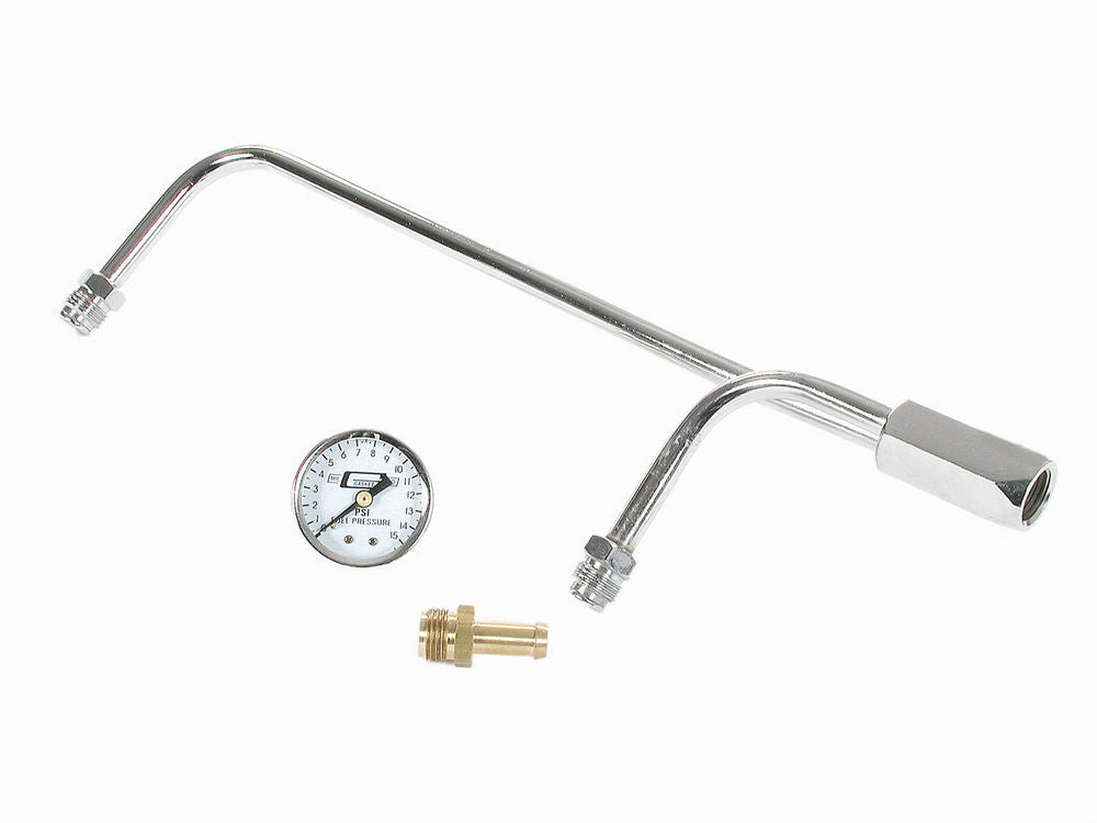 Carburetor Fuel Line - 5/8-18 Female Inlet - 5/8-18 in Dual Outlets - Fuel Pressure Gauge - Steel - Chrome - Holley 4160 Carburetor - Kit