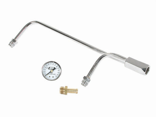 Carburetor Fuel Line - 5/8-18 Female Inlet - 5/8-18 in Dual Outlets - Fuel Pressure Gauge - Steel - Chrome - Holley 4160 Carburetor - Kit