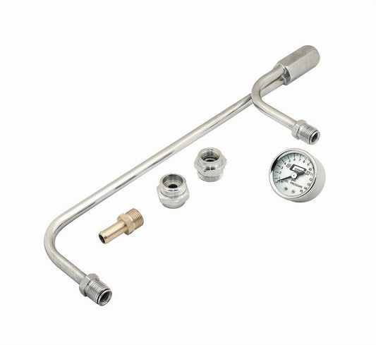 Carburetor Fuel Line - 5/8-18 Female Inlet - 5/8-18 in Dual Outlets - Fuel Pressure Gauge - Steel - Chrome - Holley 4150 Carburetor - Kit