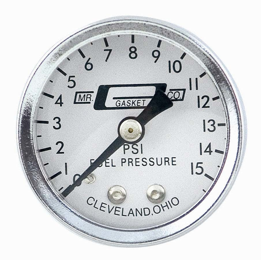 Fuel Pressure Gauge - 0-15 psi - Mechanical - Analog - Full Sweep - 1-1/2 in Diameter - 1/8 in NPT Port - White Face - Each
