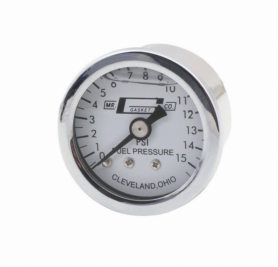 Fuel Pressure Gauge - 0-15 psi - Mechanical - Analog - Full Sweep - 1-1/2 in Diameter - Liquid Filled - 1/8 in NPT Port - White Face - Each