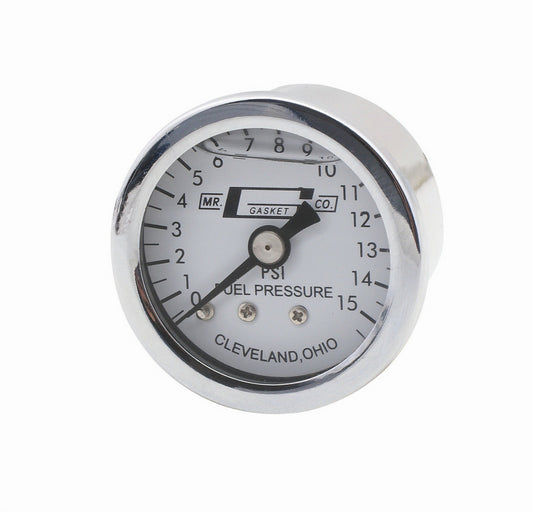 Fuel Pressure Gauge - 0-15 psi - Mechanical - Analog - Full Sweep - 1-1/2 in Diameter - Liquid Filled - 1/8 in NPT Port - White Face - Each