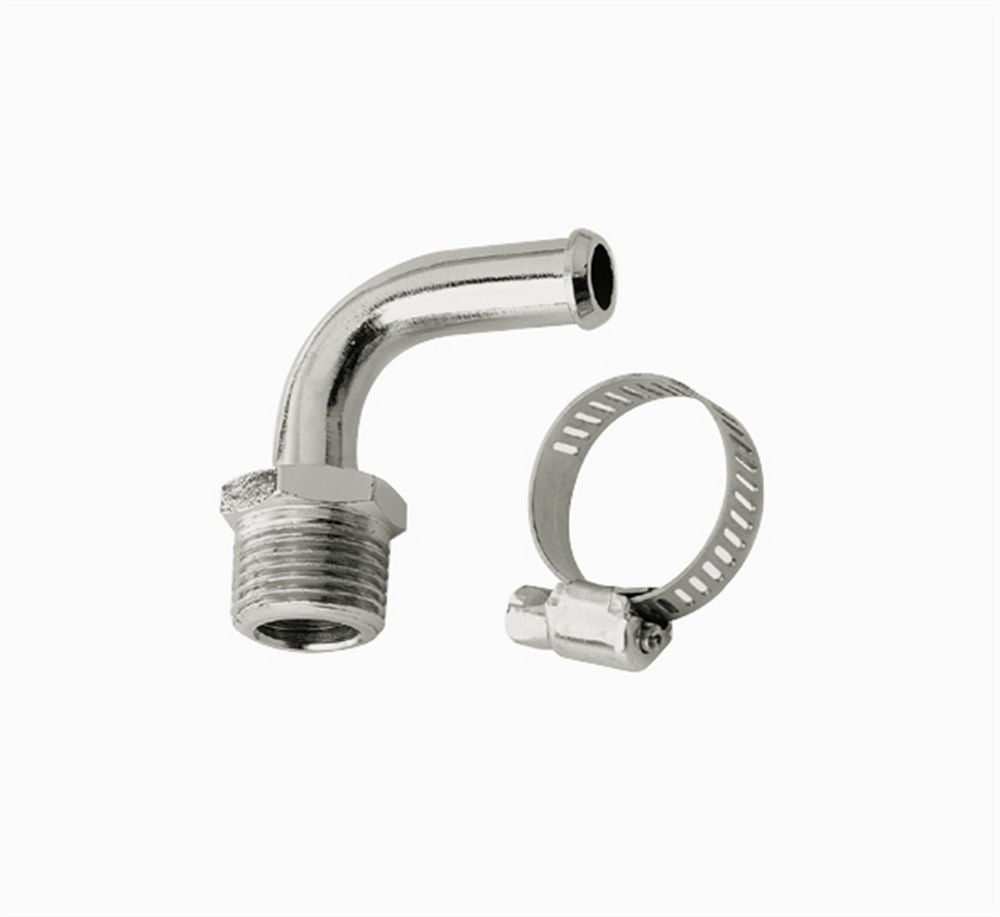 Fitting - Adapter - 90 Degree - 3/8 in NPT Male to 3/8 in Hose Barb - Brass - Chrome - Each