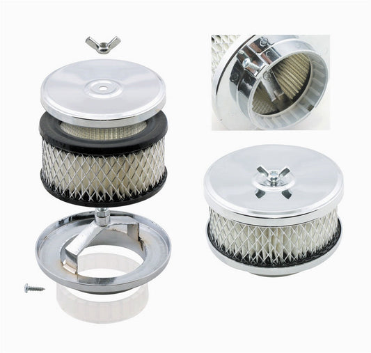 Air Cleaner Assembly - Deep Dish - 4 in Round - 2.75 in Tall - 2-5/16 in or 2.625 in Carb Flange - Raised Base - Steel - Chrome - Kit