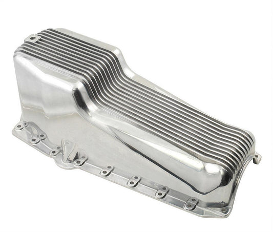 Engine Oil Pan - Finned - Rear Sump - 4 qt - 8 in Deep - Aluminum - Polished - 2-Piece Seal - Small Block Chevy - Each