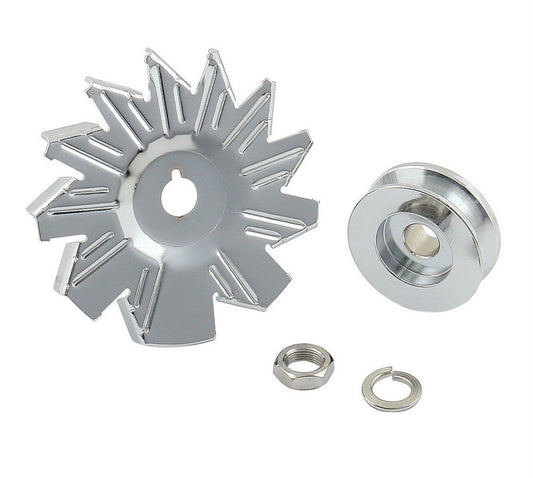 Alternator Pulley and Fan - V-Belt - 1 Groove - 2.625 in Diameter - 5/8 in Shaft - Steel - Chrome - Various Alternators - Kit