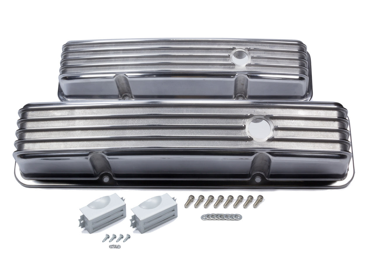 Valve Cover - Stock Height - Breather Holes - Hardware Included - Finned - Aluminum - Polished - Small Block Chevy - Pair