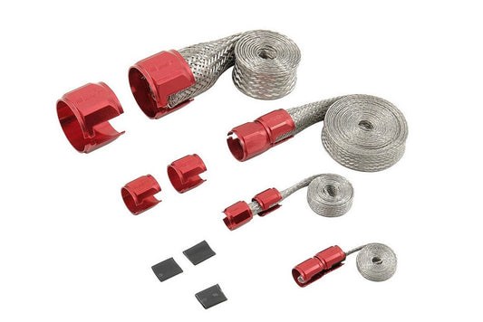 Hose and Wire Sleeve - Overbraid - Fuel / Heater / Radiator Hose Sizes - Hose End Covers - Braided Stainless - Red / Silver - Kit