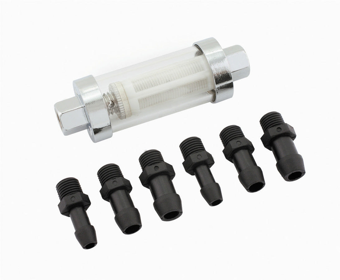 Fuel Filter - Clearview - In-Line - 100 Micron - Synthetic Fiber Element - 1/4 to 3/8 in Hose Barb Inlet - 1/4 to 3/8 in Hose Barb Outlet - Glass / Steel - Chrome - Each