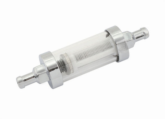 Fuel Filter - Clearview - In-Line - 100 Micron - Synthetic Fiber Element - 5/16 in Hose Barb Inlet - 5/16 in Hose Barb Outlet - Glass / Steel - Chrome - Each