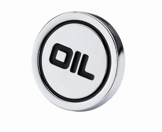 Oil Fill Cap - Push-In - Round - 1.220 in Valve Cover Hole - Oil Logo - Steel - Chrome - Each