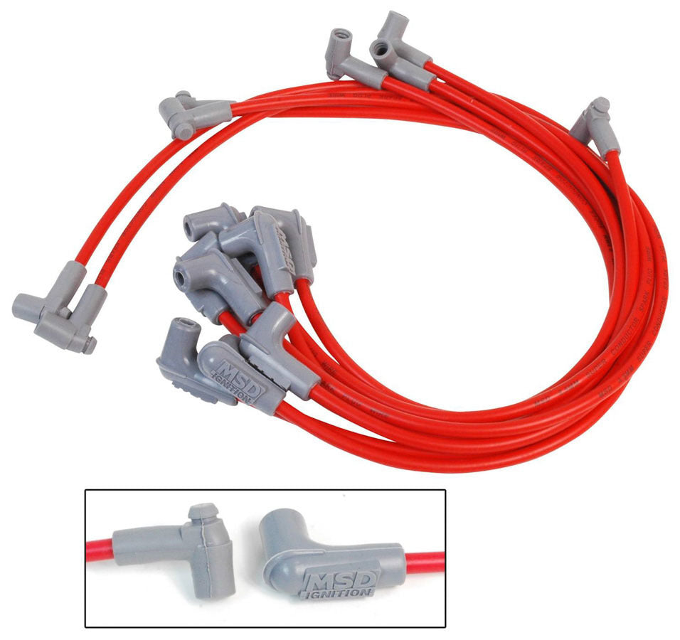 Spark Plug Wire Set - Super Conductor - Spiral Core - 8.5 mm - Red - 90 Degree Plug Boots - HEI Style Terminal - Small Block Chevy - Kit