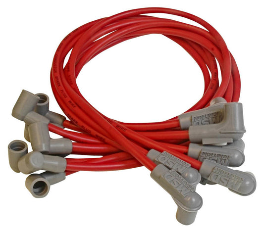 Spark Plug Wire Set - Super Conductor - Spiral Core - 8.5 mm - Red - 90 Degree Plug Boots - Socket Style - Small Block Chevy - Kit