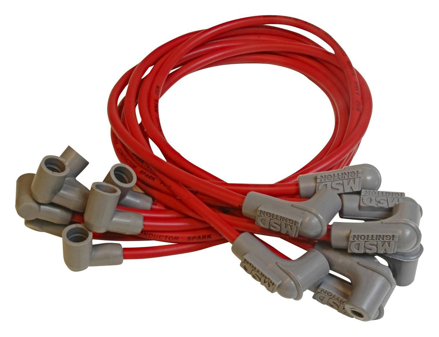 Spark Plug Wire Set - Super Conductor - Spiral Core - 8.5 mm - Red - 90 Degree Plug Boots - Socket Style - Small Block Chevy - Kit