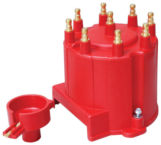 Cap and Rotor Kit - HEI Style Terminal - Brass Terminals - Screw Down - Red - Non-Vented - Externals Coil - Chevy V8 - Kit