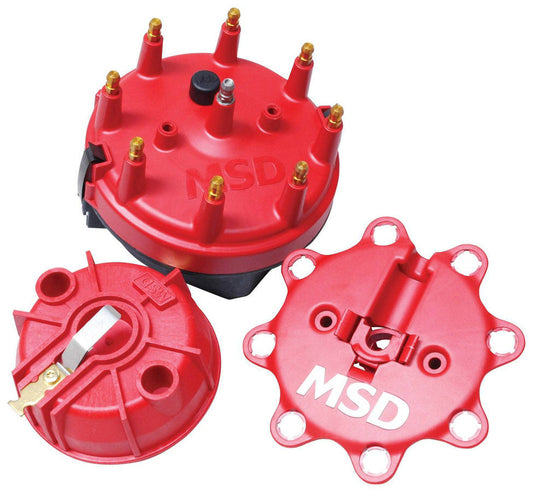 Cap and Rotor Kit - Cap-A-Dapts - HEI Style Terminal - Brass Terminals - Clamp Down - Red - Vented - Small Diameter MSD Distributors - V8 - Kit