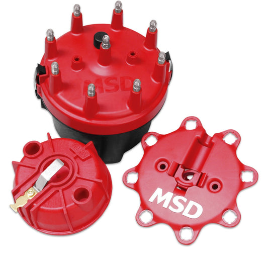 Cap and Rotor Kit - Cap-A-Dapts - HEI Style Terminal - Stainless Terminals - Clamp Down - Red - Vented - Fixed Rotor - MSD Distributors - V8 - Kit