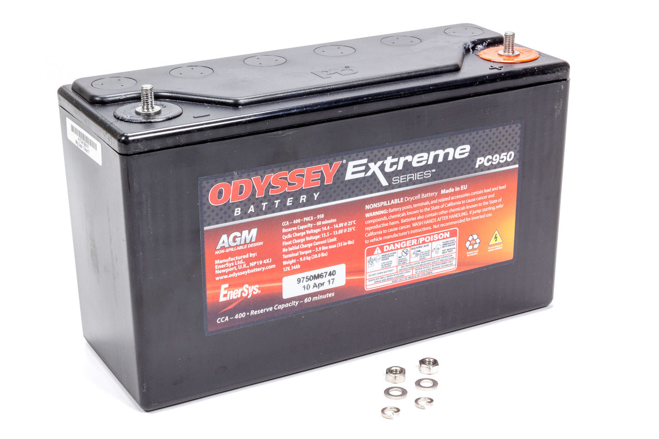 Battery - Extreme Series - AGM - 12V - 500 Cranking amps - 3/8 Stud Terminals - 9.80 in L x 3.8 in H x 6.1 in W - Each