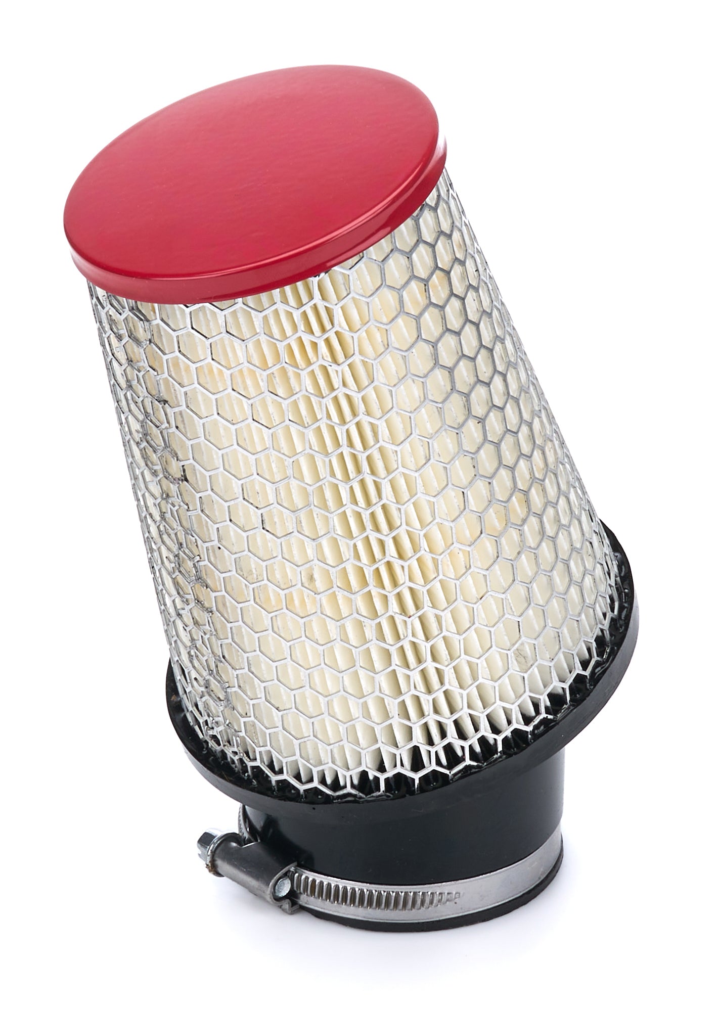 Air Filter Element - Conical - 4.25 Base Diameter - 3.06 in Top Diameter - 5 in Tall - Wire Mesh Included - Paper - Gray - Red End Cap - Quarter Midget - Each