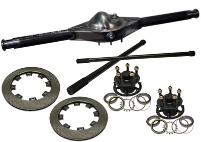 Rear Axle Housing - Ford 9 in Floater - 60 in Wide - Centered - 5 x 4.75 in Hub - 0.810 in Thick Rotors - Solid Axles - Steel - Natural - Kit