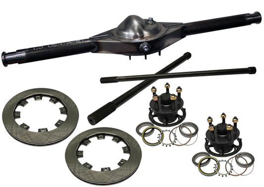 Rear Axle Housing - Ford 9 in Floater - 62 in Wide - Centered - 5 x 4.75 in Hub - 0.810 in Thick Rotors - Steel Hub - Steel - Natural - Kit