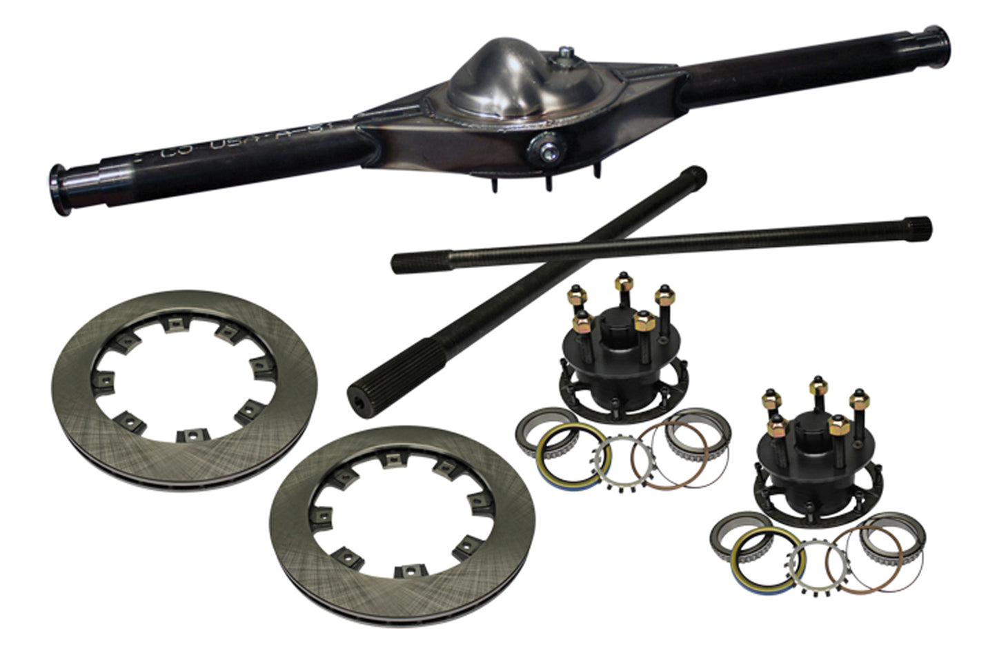 Rear Axle Housing - Ford 9 in Floater - 58 in Wide - Centered - 3 in Tubes - 2.5 in GN Hubs - Rotors Included - Steel - Natural - Each