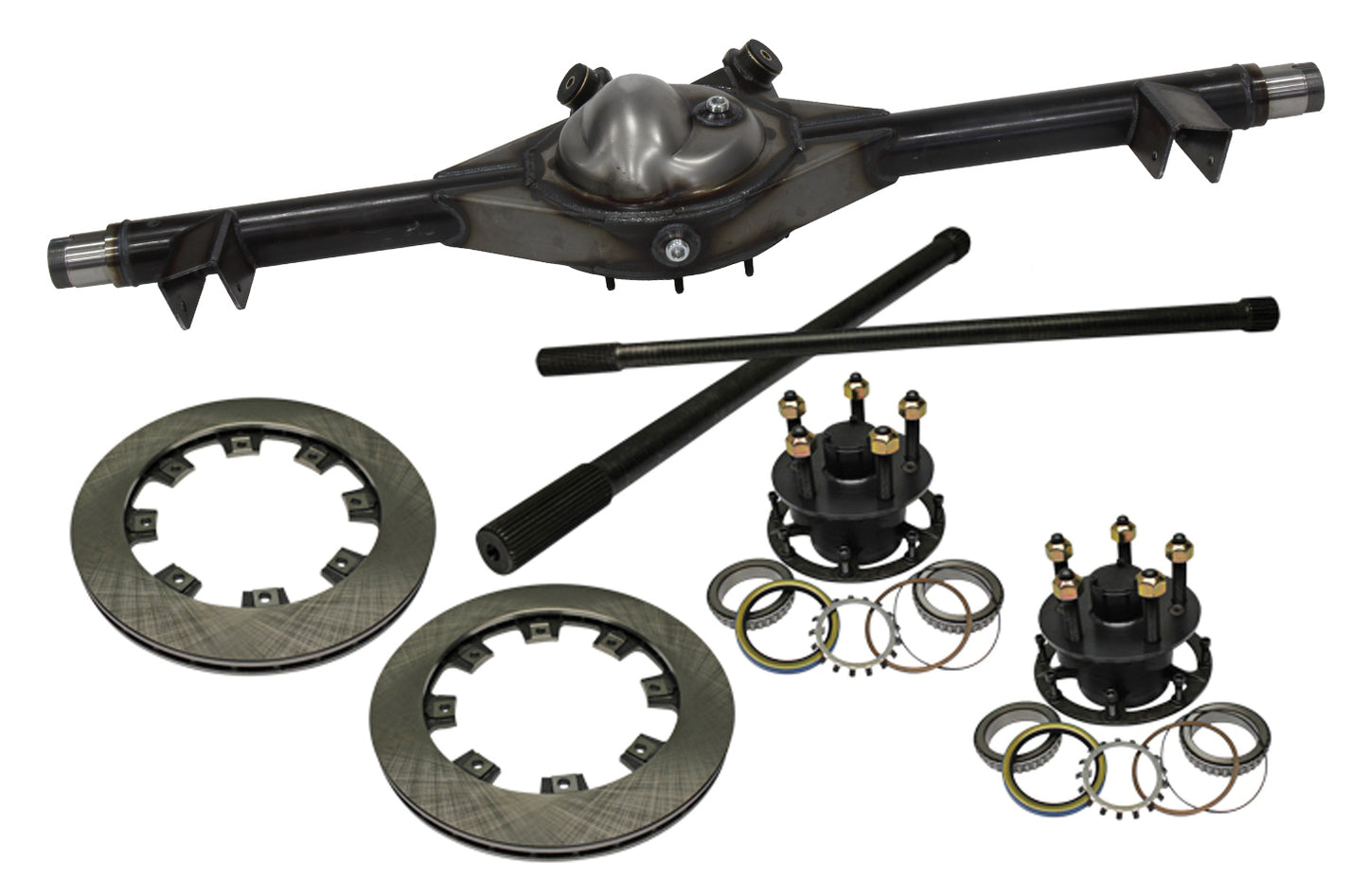 Axle Housing - Ford 9 in Floater - 60 in Wide - Centered - 5 x 4.75 in Hub - 0.810 in Thick Rotors - Solid Axles - Steel - Natural - Kit