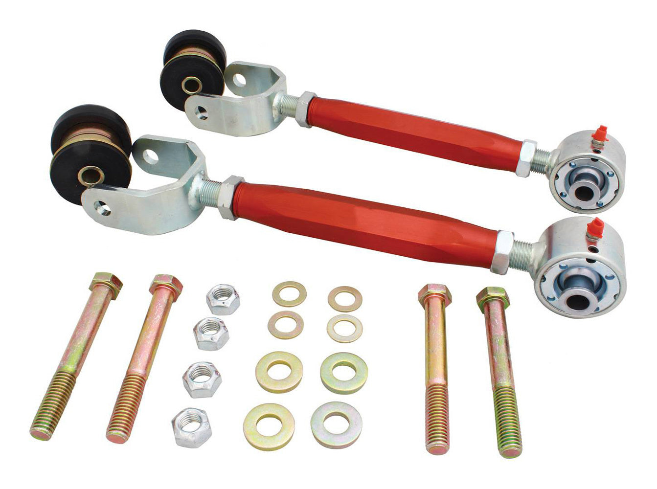 Trailing Arm - Rear - Upper - Tubular - Greasable - Adjustable - Polyurethane Bushings - Aluminum - Red Anodized - GM A-Body 1968-72 - Pair
