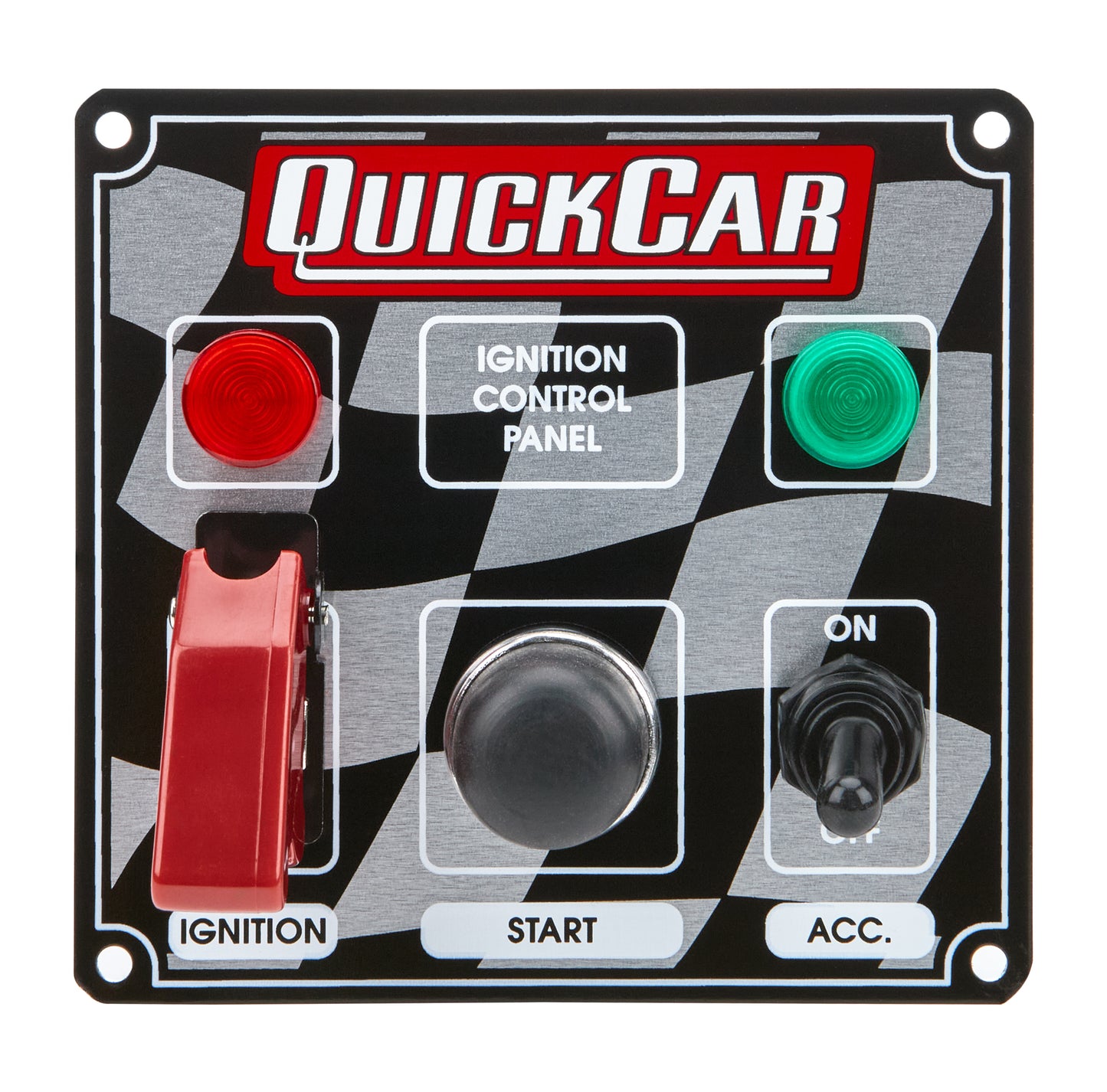 Switch Panel - Dash Mount - 4.625 x 4.375 in - 1 Safety Cover Toggle / 1 Toggle / 1 Momentary Button - Indicator Lights - Checkered - Kit