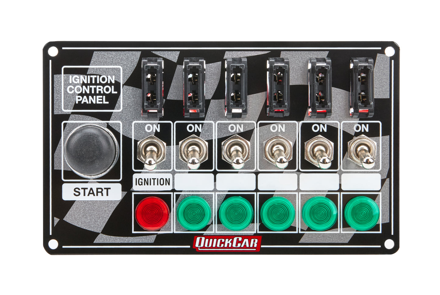 Switch Panel - Dash Mount - 6.875 x 4.125 in - 6 Toggles / 1 Momentary Button - Fused - Indicator Light - Checkered - Kit