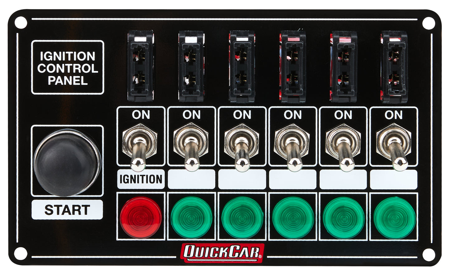 Switch Panel - Dash Mount - 6.875 x 4.125 in - 6 Toggles / 1 Momentary Button - Fused - Indicator Lights - Black - Each