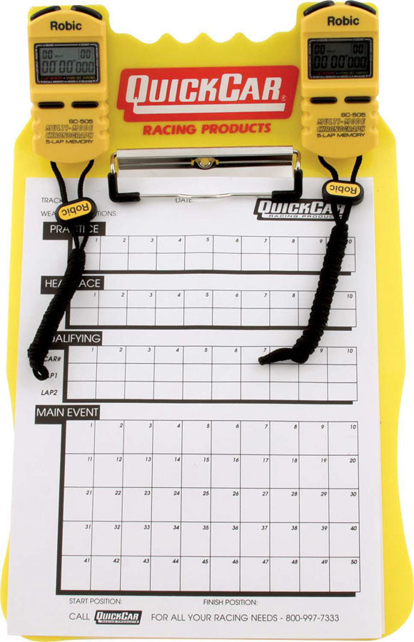 Clipboard Timing System - Dual Robic Stop Watches - Lap / Qualifying Charts - Acrylic Board - Yellow - Kit