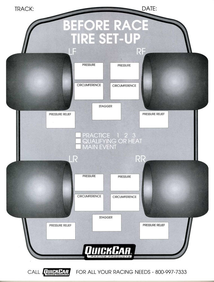 Tire Setup Chart - Before Race - 50 Sheet in a Pad - Each