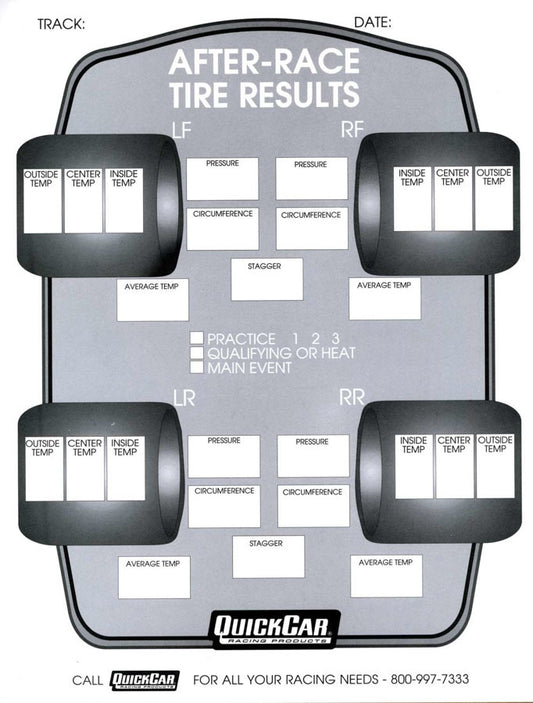 Tire Setup Chart - After Race - 50 Sheet in a Pad - Each