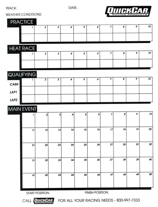 Lap Timing and Race Scoring Chart - 50 Sheet in Pad - Each