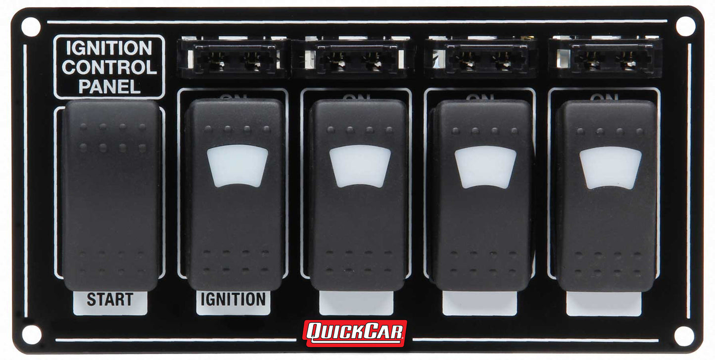 Switch Panel - Dash Mount - 7 x 3.5 in - 4 Rockers / 1 Momentary Rocker - Lighted - Fused - Black - Each