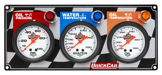 Gauge Panel Assembly - Oil Pressure / Oil Temperature / Water Temperature - 2-5/8 in Diameter - Silver Face - Warning Light - Kit