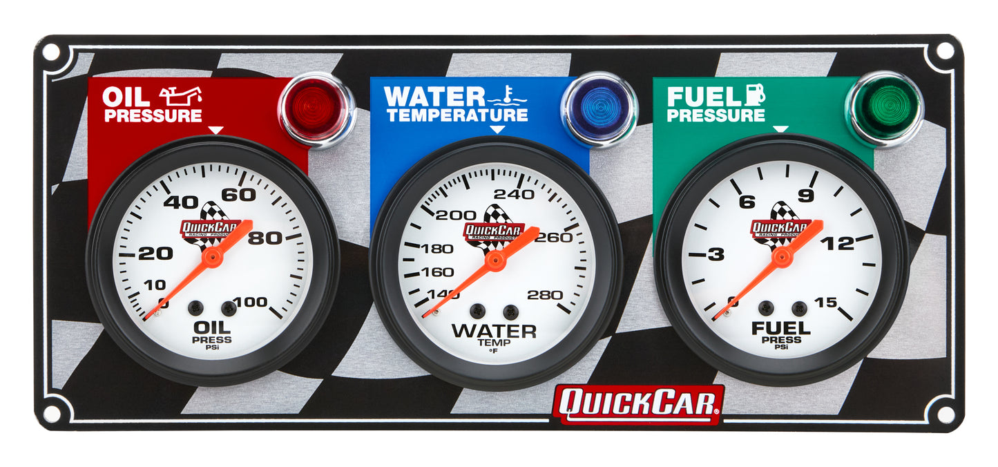 Gauge Panel Assembly - Fuel Pressure / Oil Pressure / Water Temperature - 2-5/8 in Diameter - Silver Face - Warning Light - Kit