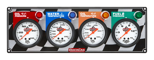 Gauge Panel Assembly - Fuel Pressure / Oil Pressure / Oil Temperature / Water Temperature - 2-5/8 in Diameter - Silver Face - Warning Light - Kit