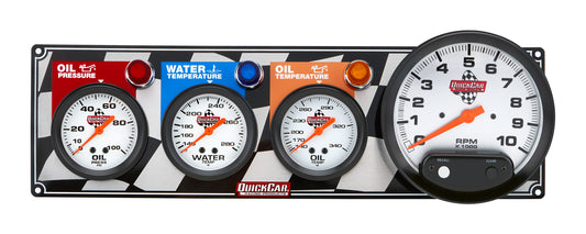 Gauge Panel Assembly - Oil Pressure / Oil Temperature / Tachometer / Water Temperature - 5 in / 2-5/8 in Diameter - Silver Face - Warning Light - Kit