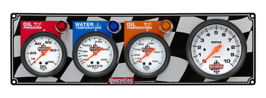 Gauge Panel Assembly - Oil Pressure / Oil Temperature / Tachometer / Water Temperature - 3-3/8 in / 2-5/8 in Diameter - Silver Face - Warning Light - Kit