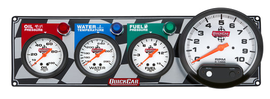 Gauge Panel Assembly - Fuel Pressure / Oil Pressure / Tachometer / Water Temperature - 5 in / 2-5/8 in Diameter - Silver Face - Warning Light - Kit